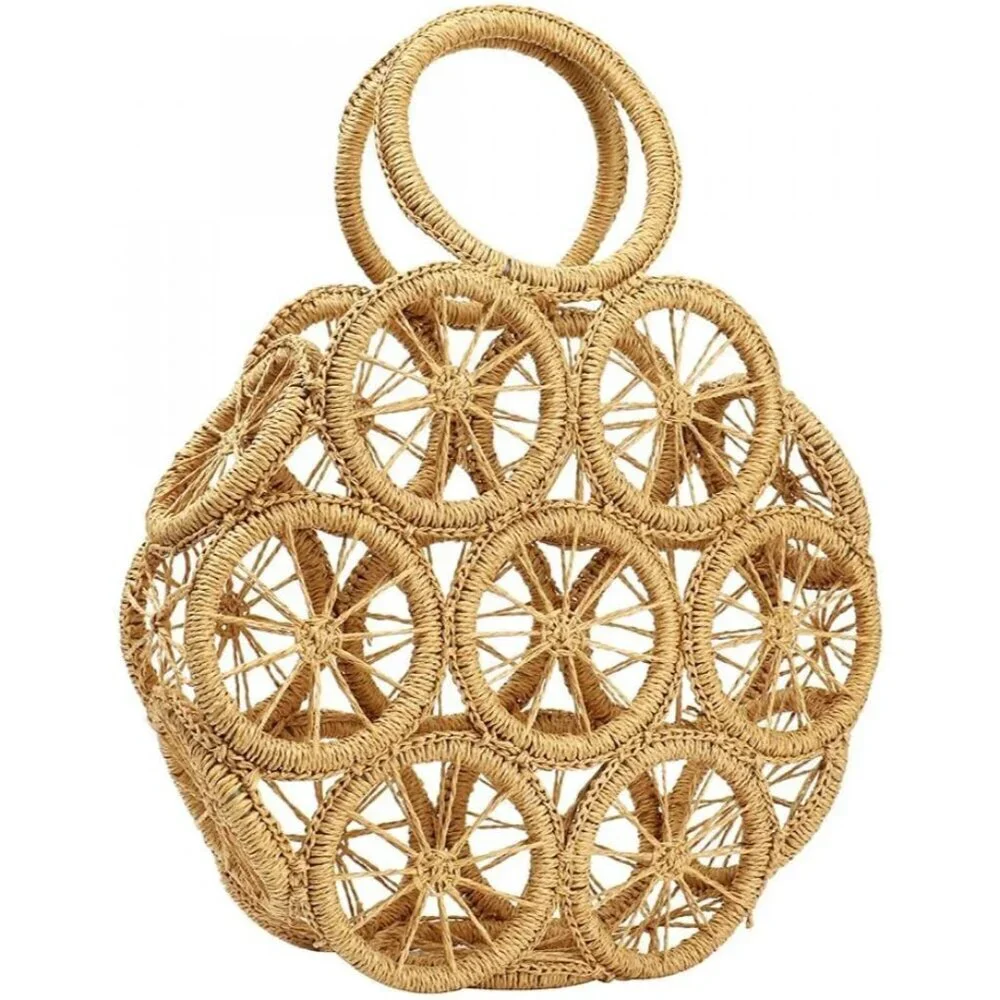 Women Straw Shoulder Bag Large Capacity Beach Tote Lemon Pattern Cotton Polyeste